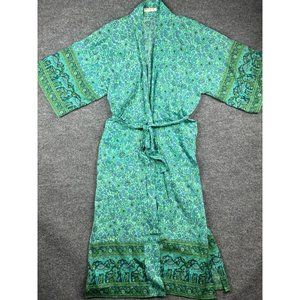 Spell & The Gypsy Long Kimono Women's Small Green Blue Floral Belted 3/4 Sleeve